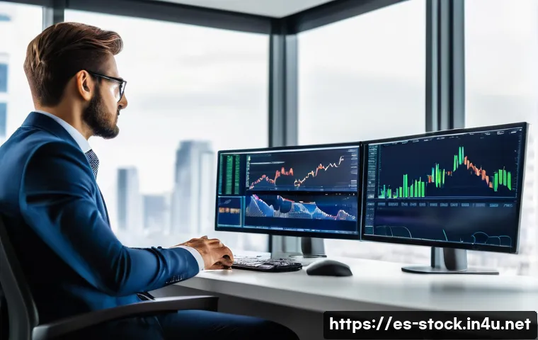 증권투자상담사와 자산관리 상담 차별화 - A professional financial advisor in a modern office environment, analyzing stock market data on mult...