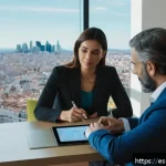 Home 19 증권투자상담사 취업 성공 사례 - A professional Spanish financial advisor attentively listening to a middle-aged Hispanic client in a...
