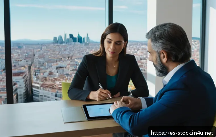 증권투자상담사 취업 성공 사례 - A professional Spanish financial advisor attentively listening to a middle-aged Hispanic client in a...