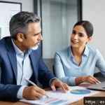 Home 23 증권투자상담사와 재무상담 포트폴리오 - A professional Hispanic financial advisor in a modern office setting, explaining clear and realistic...