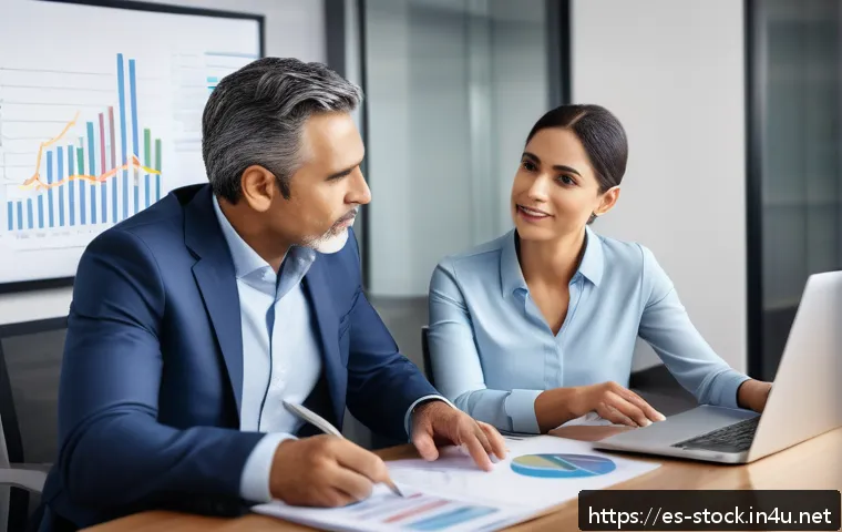 증권투자상담사와 재무상담 포트폴리오 - A professional Hispanic financial advisor in a modern office setting, explaining clear and realistic...