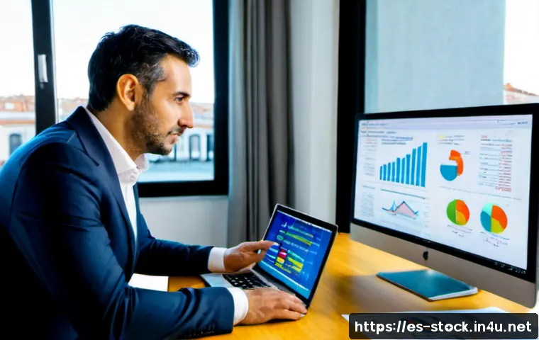 증권투자상담사와 주식시장 기본 이해 - Photorealistic financial advisor in a modern Madrid office, warmly explaining stock market basics to...